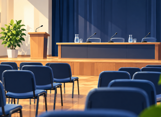 Pusta sala obrad z podium i mikrofonami